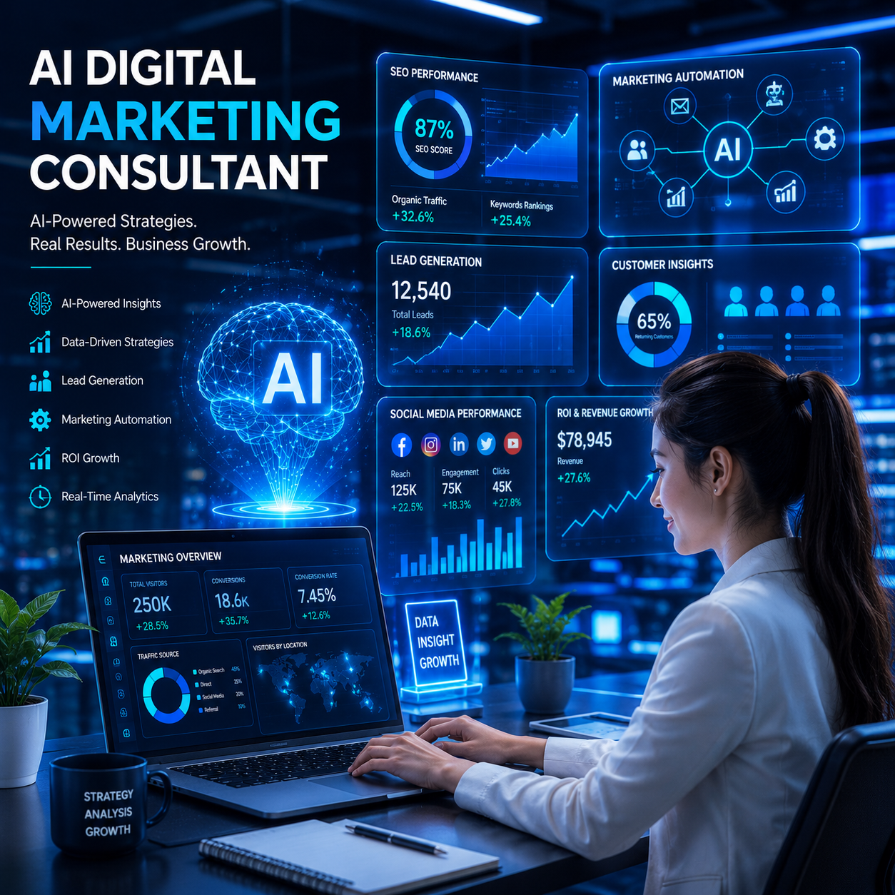 AI Digital Marketing Consultant Analyzing Marketing Data and Growth Strategies